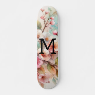 Skateboard Monogramme aquarelle florale roses cerisiers en fl