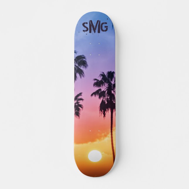 Skateboard Monogramme arc-en-ciel Sun Palm Tree personnalisé (Devant)
