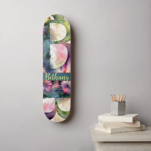 Skateboard Monogramme B bijou personnalisé Aquarelle Floral