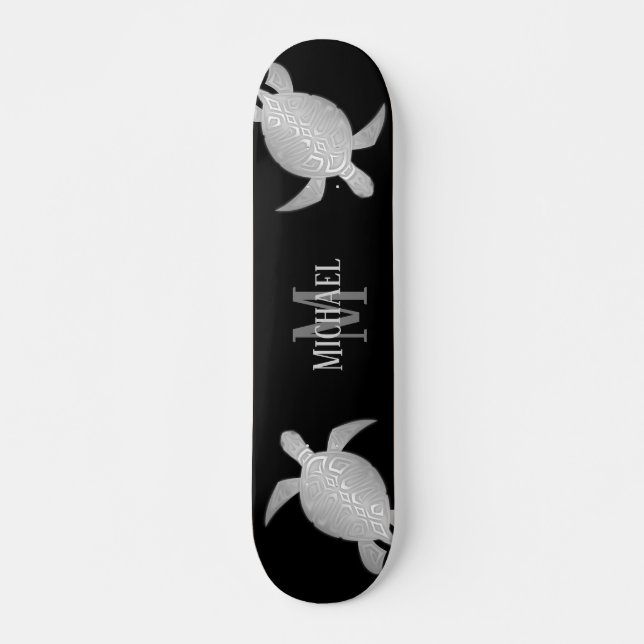 Skateboard Monogramme d'Arrière - plan noir tribal de tortue  (Devant)