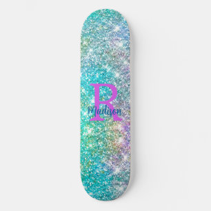 Skateboard Monogramme de la fausse parties scintillant bleue 