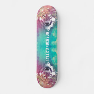 Skateboard Monogramme de loup d'eau turquoise rose artistique