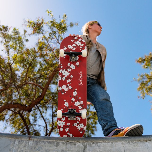 Skateboard Monogramme Floral rouge blanc cerisier (Extérieur 1)
