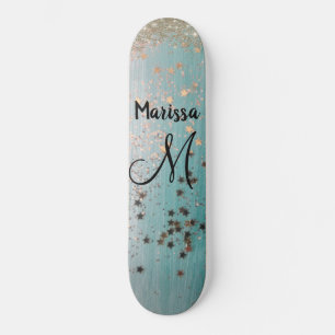 Skateboard Monogramme Gold Stars Parties scintillant sur Turq