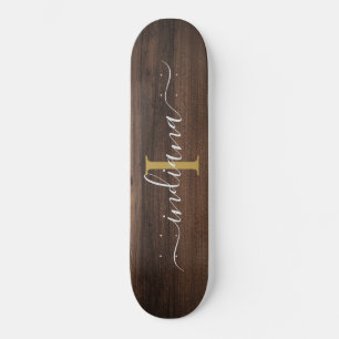 Skateboard Monogramme initiale de nom de script en bois foncé