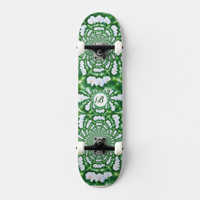 Skateboard monogramme Mandala orchidée blanche (Recto)