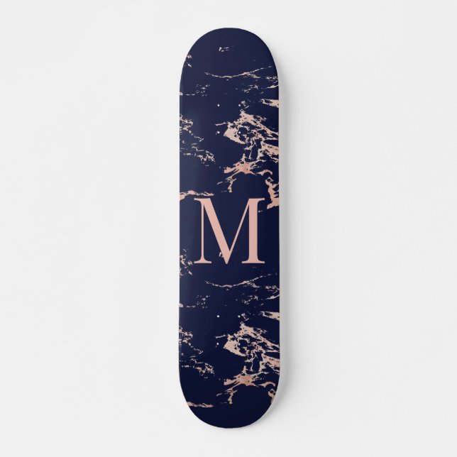 Skateboard Monogramme Rose d'or en marbre bleu Girls Navy (Devant)