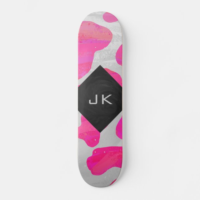 Skateboard Monogramme Vache rose et blanc chaud (Recto)