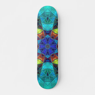 Skateboard Mosaic Kaleidoscope Fleur Bleu Vert et Orange