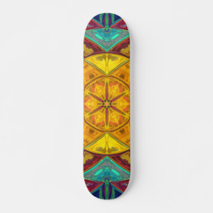 Skateboard Mosaïque Kaleidoscope Fleur Jaune Bleu et Rouge