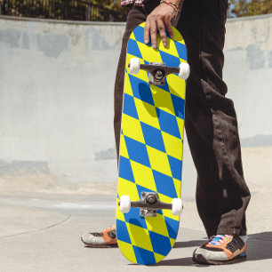 Skateboard Motif à carreaux harlequin bleu jaune