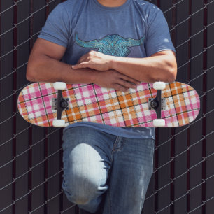 Skateboard Motif à carreaux tartan blanc rose orange