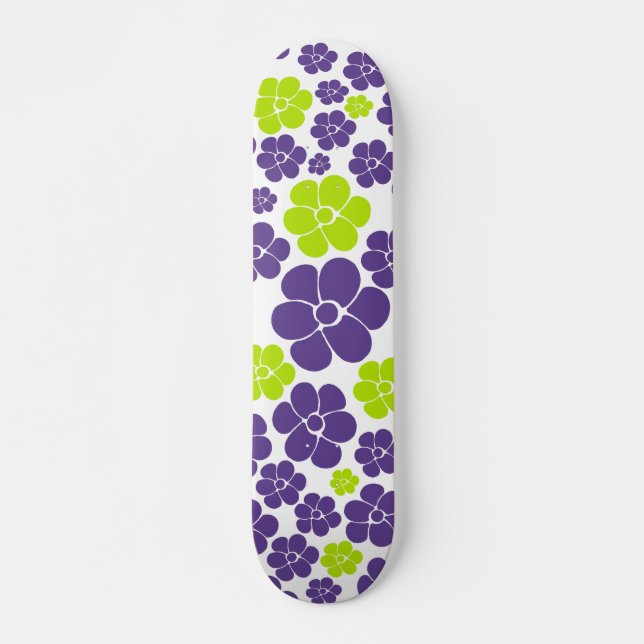 Skateboard Motif à fleurs en vert citron et violet (Devant)