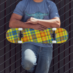 Skateboard Motif carreaux tartan bleu orange jaune