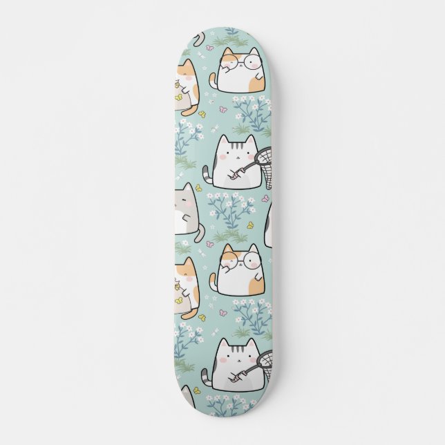 Skateboard Motif Cute Kawaii Chats papillons plantes (Devant)