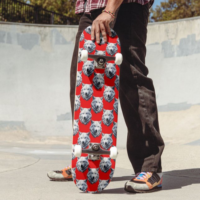 Skateboard Motif de tête de loup blanc - Rouge (Créateur téléchargé)