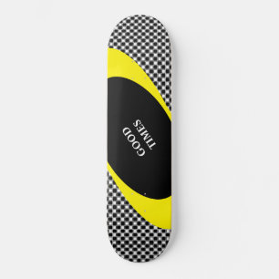 Skateboard Motif d'échecs noir et blanc & lignes ondulées