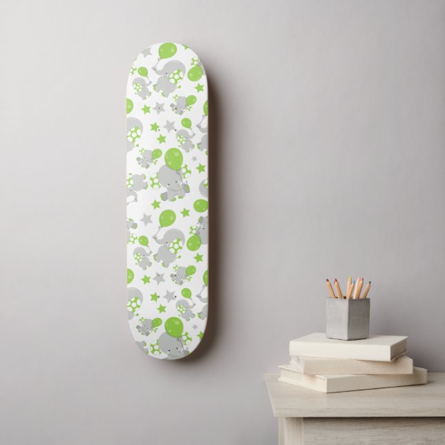 Skateboard Motif Des Eléphants, Eléphants Mignons - Grey Vert (Art mural)