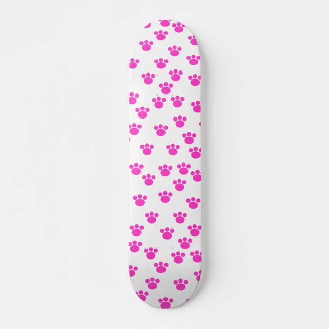 Skateboard Motif Empreinte de patte rose vif et blanc. (Devant)