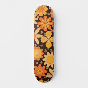 Skateboard Motif floral rétro groovy jaune et orange