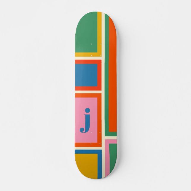 Skateboard Motif géométrique modulaire coloré avec initial (Devant)