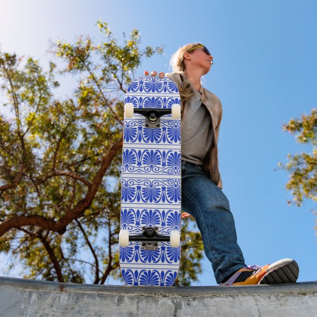 Skateboard Motif grec méditerranéen bleu (Extérieur 1)
