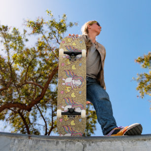 Skateboard Motif licorne paillettes dorées