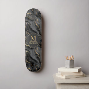 Skateboard Motif marbre personnalisé gris noir et or pailleté