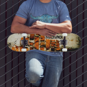 Skateboard Mur de briques orange blanc grafiti Nom personnali