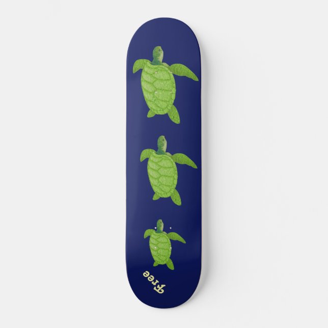 Skateboard Natation tortues de mer et calligraphie sur bleu (Recto)