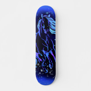 Skateboard Neon Blue Horse Running At Moonlight Starry Night 