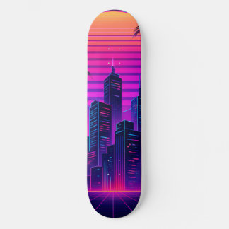 Skateboard Neon Sunset Cityscape rétro-futuriste