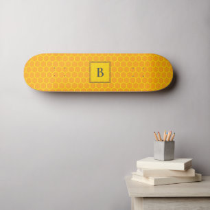 Skateboard Nid d'abeille, Initiales, Nom sur Jaune