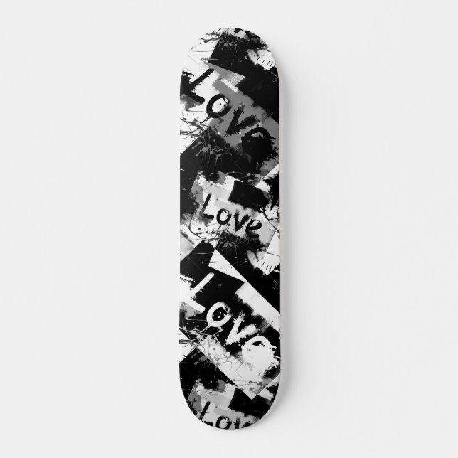 Skateboard Noir et blanc avec des taches motif d'amour (Devant)