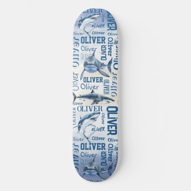 Skateboard Nom de garçon personnalisé avec collage requin (Recto)
