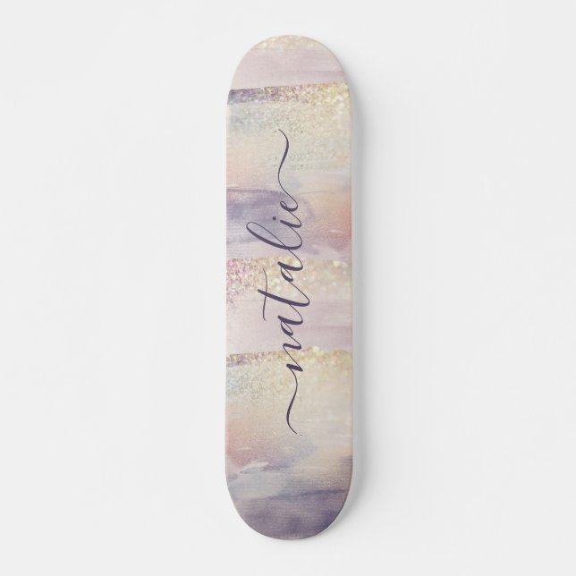 Skateboard Nom initial de la parties scintillant rose pourpre (Devant)