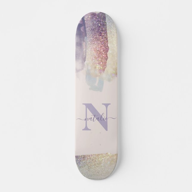 Skateboard Nom initial de la parties scintillant rose pourpre (Devant)