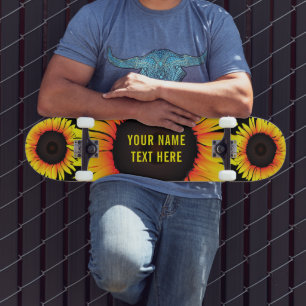 Skateboard Nom personnalisé Patinage de texte avec tournesol