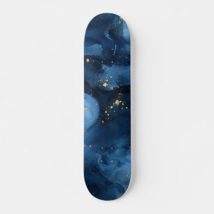 Skateboard Nuit Céleste Abstraite Bleue et Or