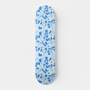 Skateboard Oiseaux en fleurs de cerisier bleu sur bleu