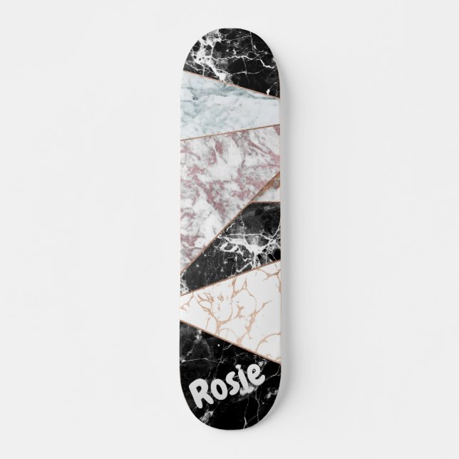 Skateboard Or rose géométrique noir marbre blanc rose (Devant)