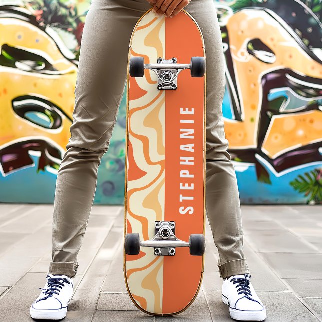 Skateboard Orange Jaune Rétro Moderne Marbre Abstrait Swirl (Créateur téléchargé)