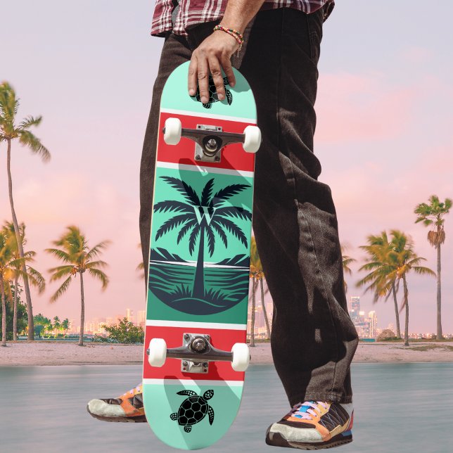 Skateboard Palm Tree Turtle Silhouette Red Green Initial (Créateur téléchargé)