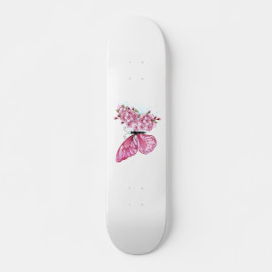 Skateboard Papillon à fleurs avec Sakura rose