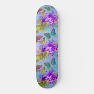 Skateboard Papillon Vert Motif Jardin Rose Pourpre
