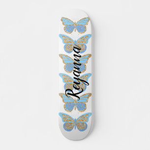 Skateboard Papillons Bleu Or Étincelants Personnalisés