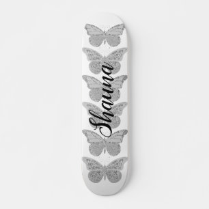 Skateboard Papillons Gris Argenté Personnalisé Étincelant