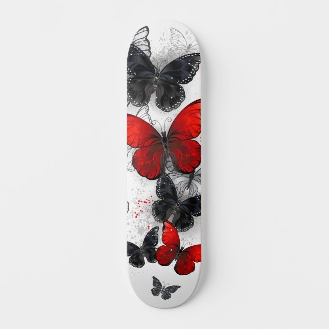 Skateboard Papillons noirs et rouges volants (Recto)