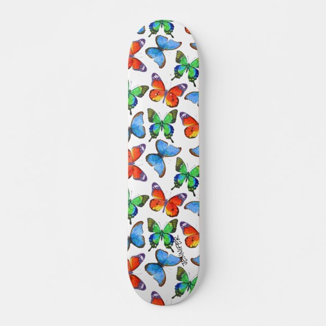 Skateboard Papillons sur blanc & nom ou texte (Devant)