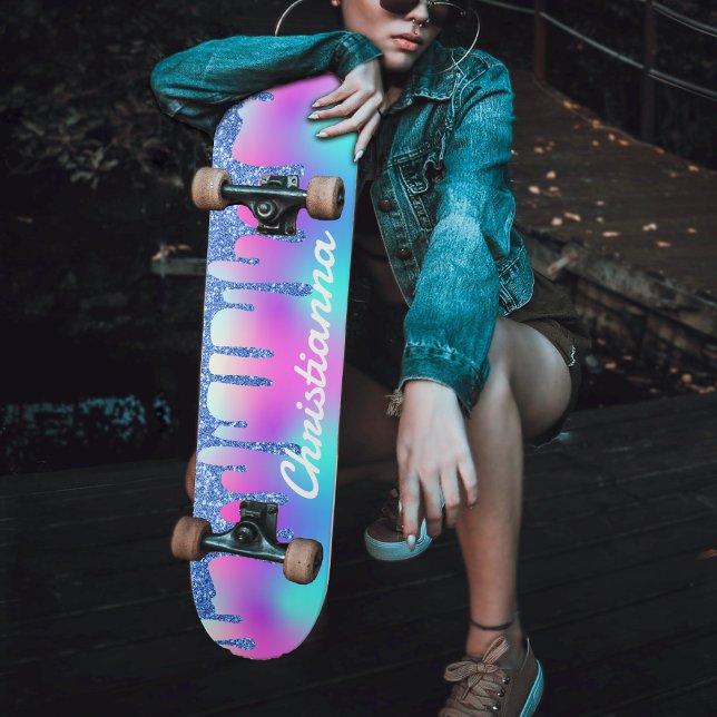 Skateboard Parties scintillant Bleue Fluorescent Neon Rose &  (Blue Glitter Drip Fluorescent Neon Pink & Purple Skateboard for Girls)